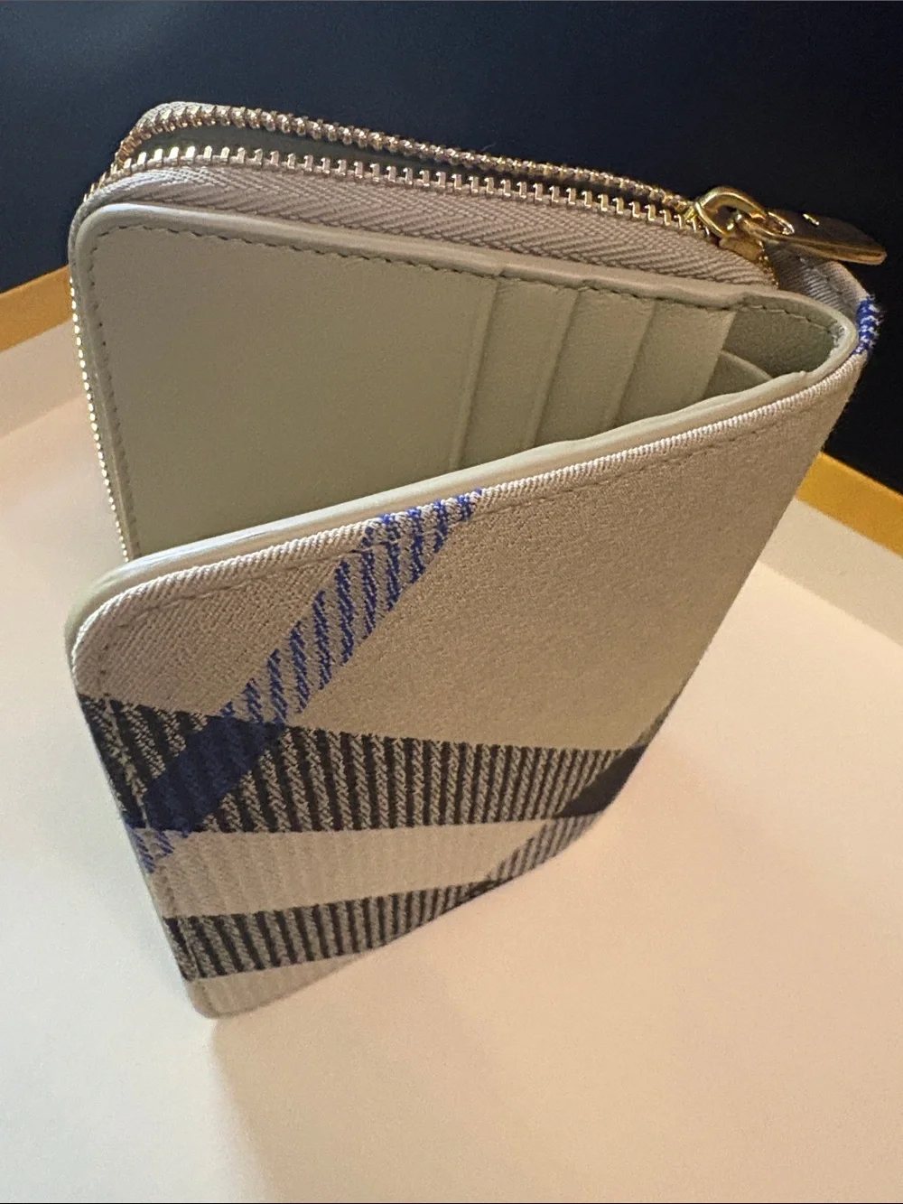 Burberry Canvas Plaid Zip Wallet - Beige and Navy